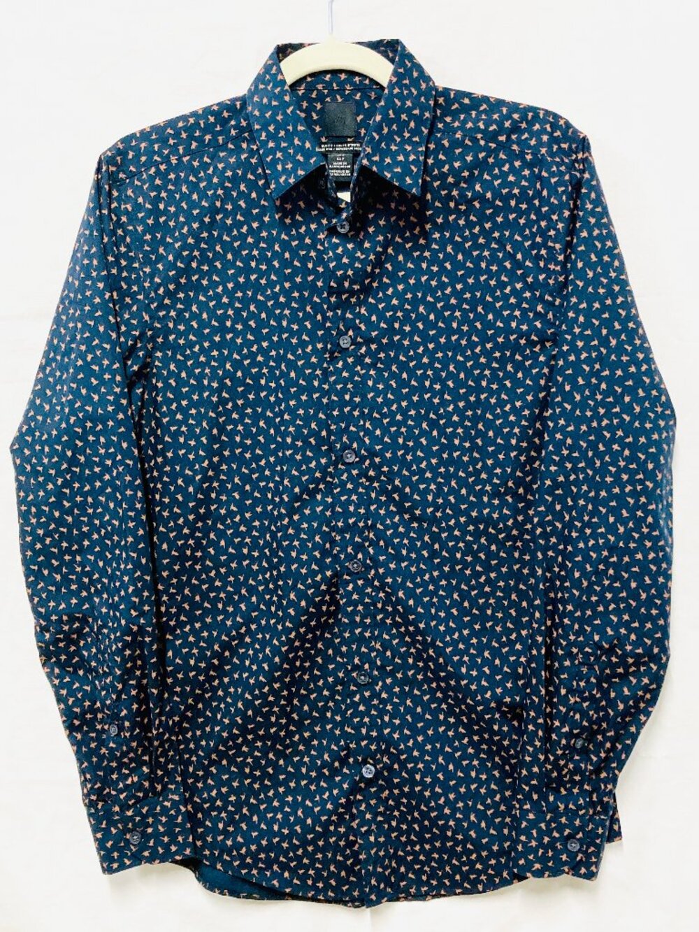 Zara Shirt Mens Size Small Slim Fit Blue Brown Birds Button Up